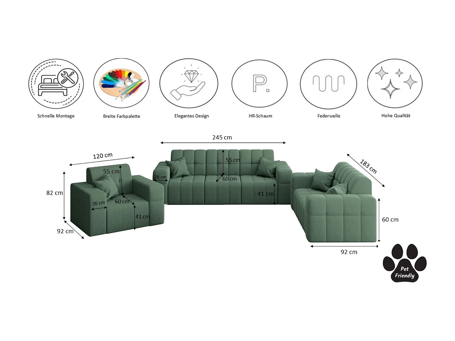Set 3+2+1 NIMES, stof Portland, groen
