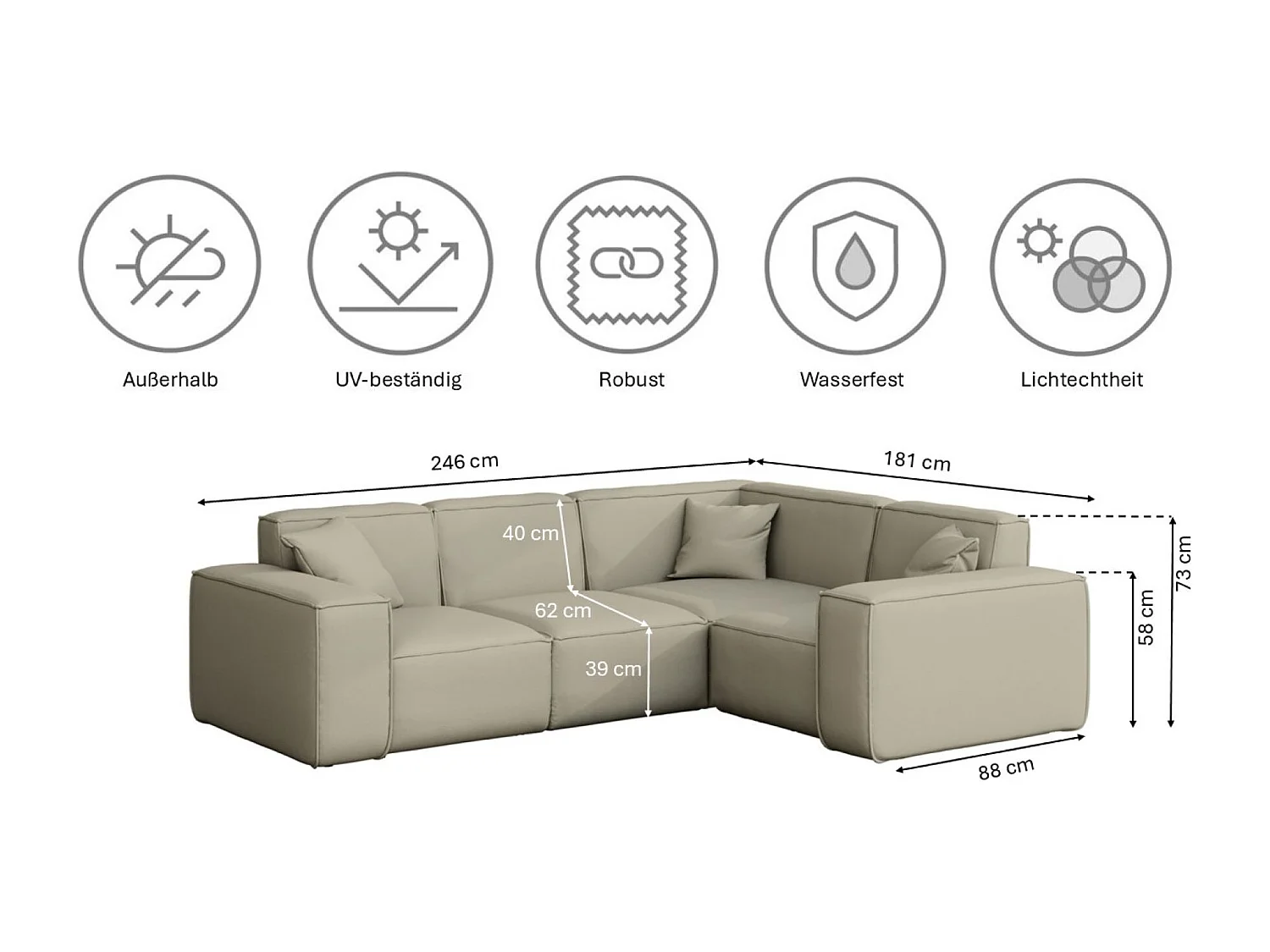 Salon de jardin canapé d'angle MALIBU, tissu ODYSSEY, beige foncé, droit