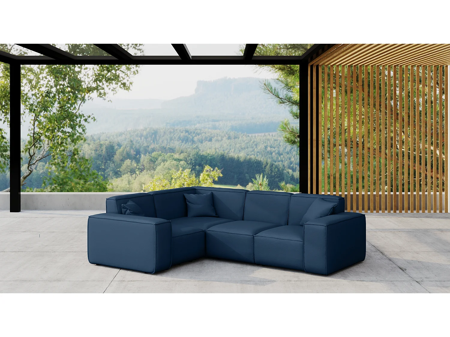 Salon de jardin canapé d'angle MALIBU, tissu ODYSSEY, bleu marine, gauche