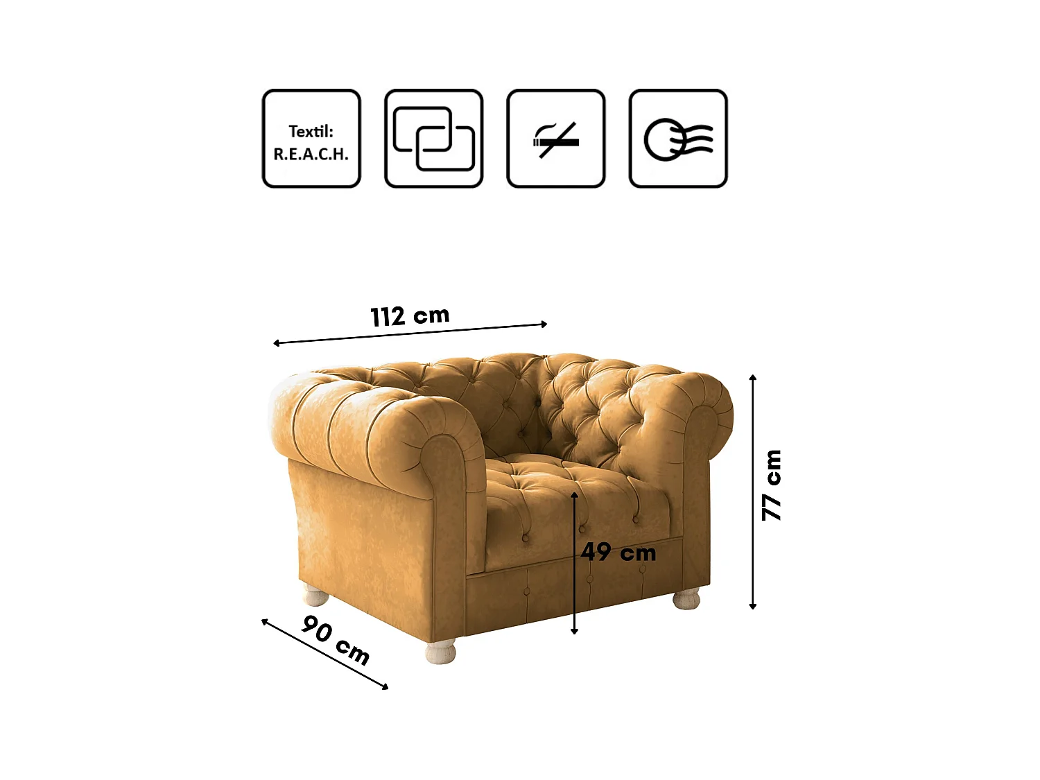 CHESTERFIELD fauteuil, Whisper stof, Goudkleurig