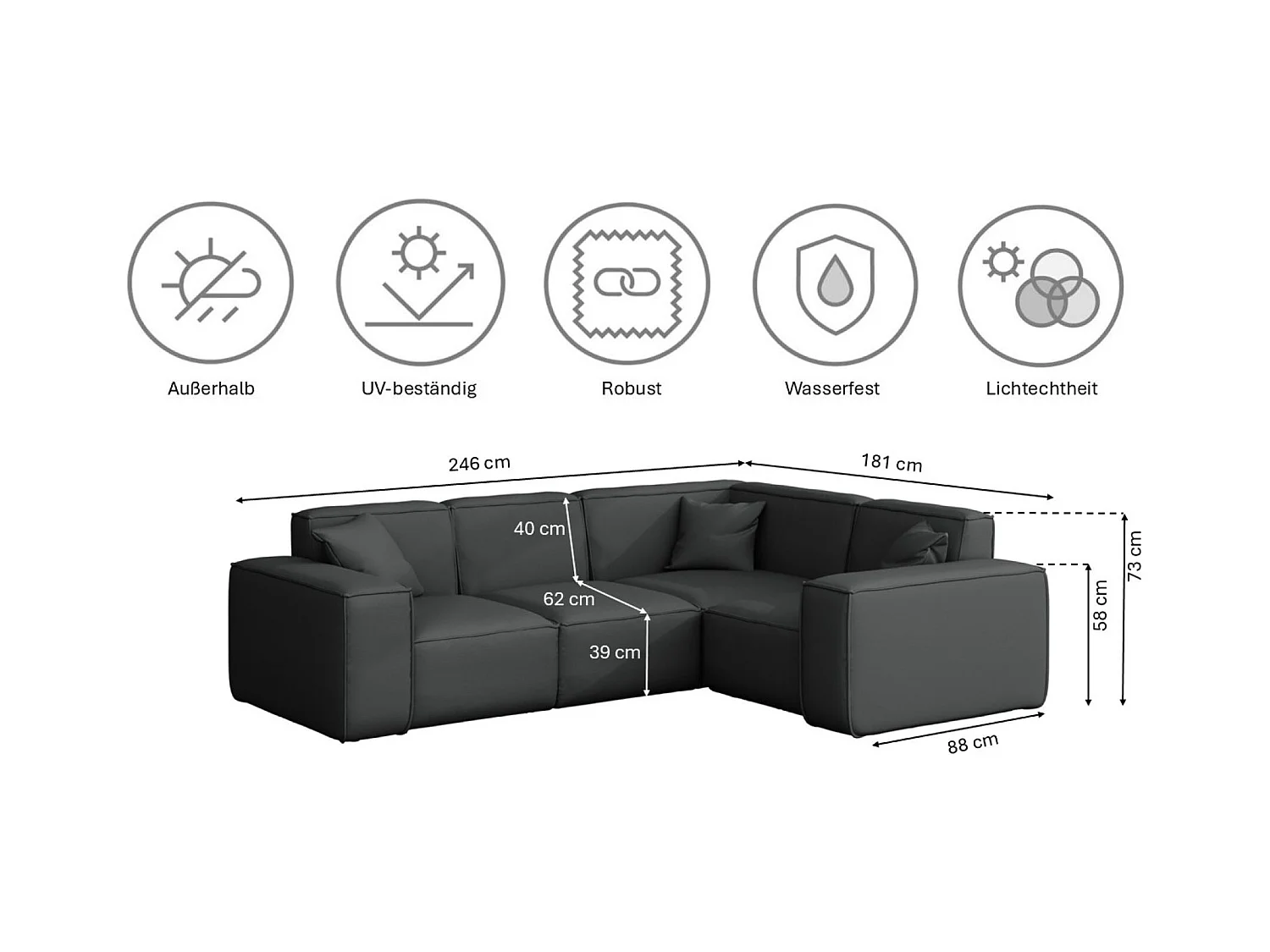 Gartenmöbel Ecksofa MALIBU, Stoff ODYSSEY, Anthrazit, Rechts