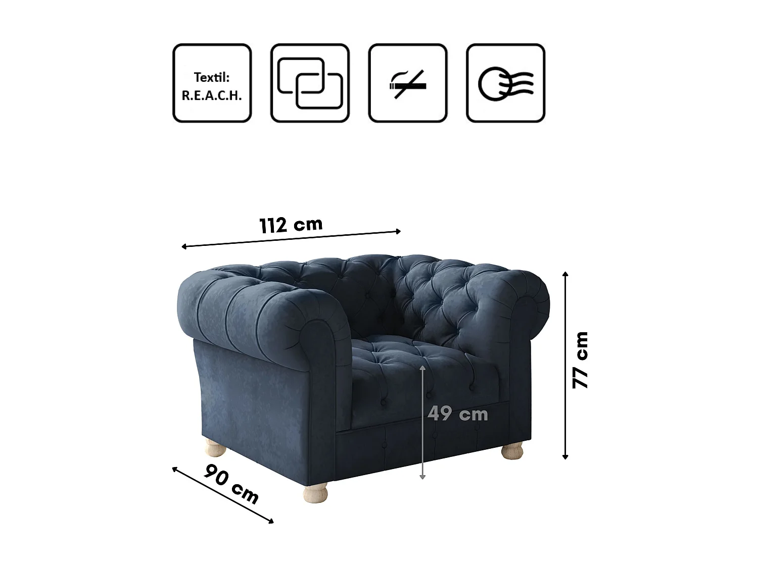 Sessel CHESTERFIELD, Stoff Whisper, Blau