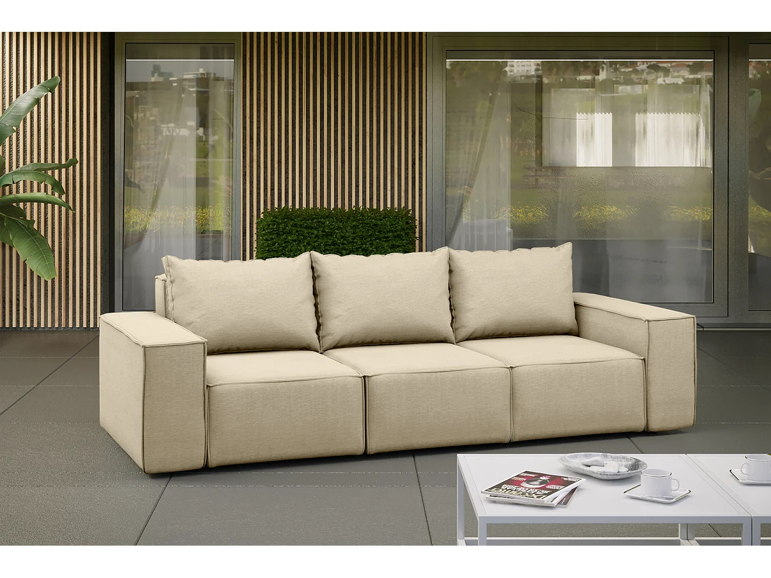 Salon de jardin canapé trois places SONNE, tissu ARTICLE, beige