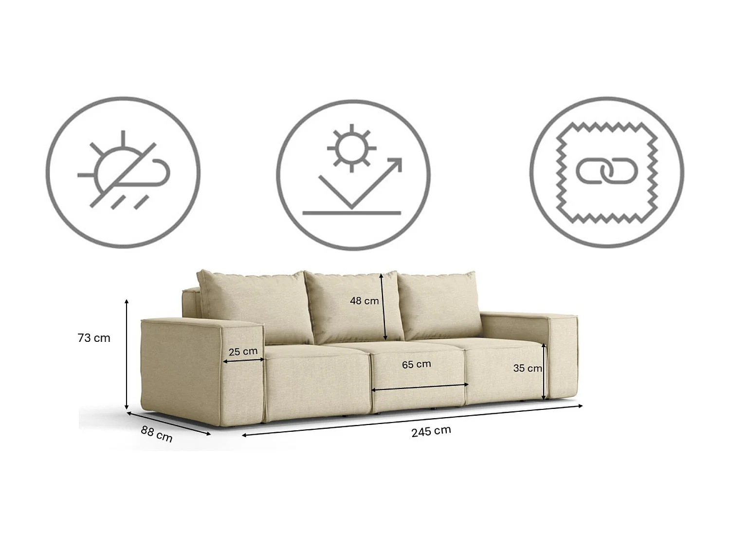 Salon de jardin canapé trois places SONNE, tissu ARTICLE, beige