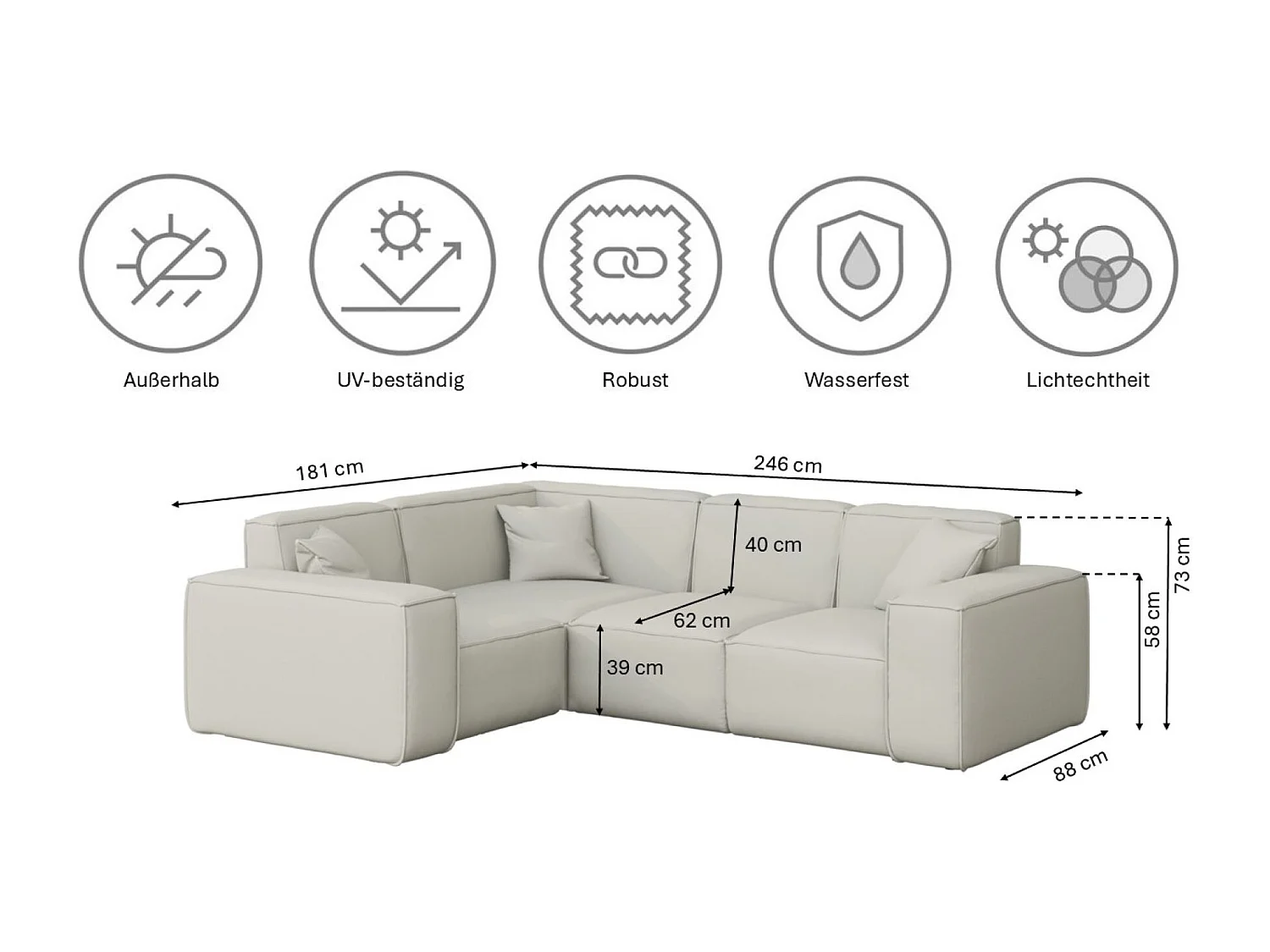 Salon de jardin canapé d'angle MALIBU, tissu ODYSSEY, crème, gauche