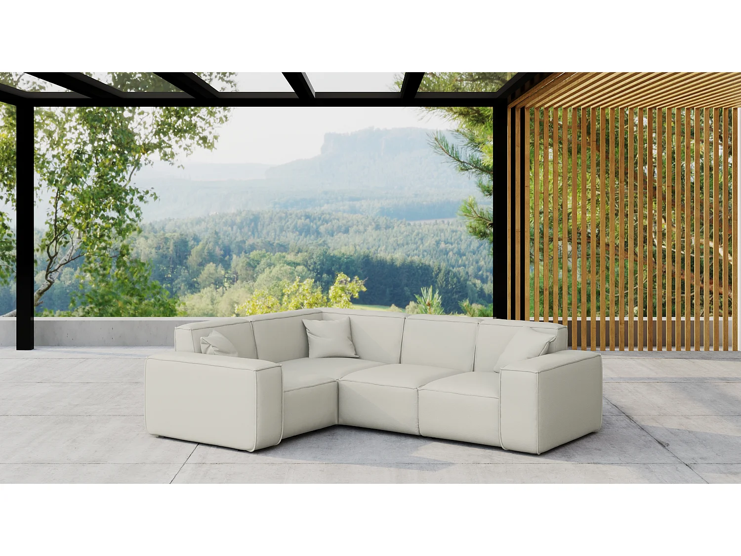 Salon de jardin canapé d'angle MALIBU, tissu ODYSSEY, crème, gauche