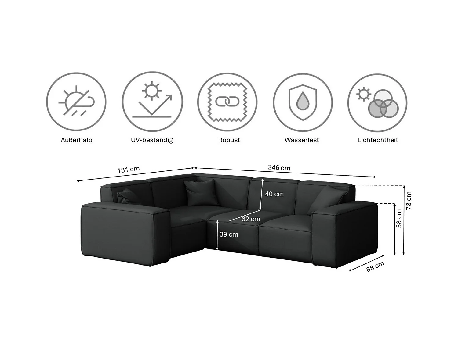Gartenmöbel Ecksofa MALIBU, Stoff ODYSSEY, Schwarz, Links