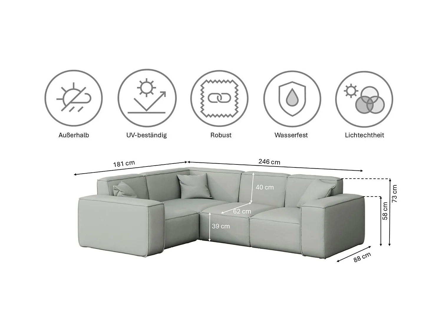 Gartenmöbel Ecksofa MALIBU, Stoff ODYSSEY, Hellgrau, Links