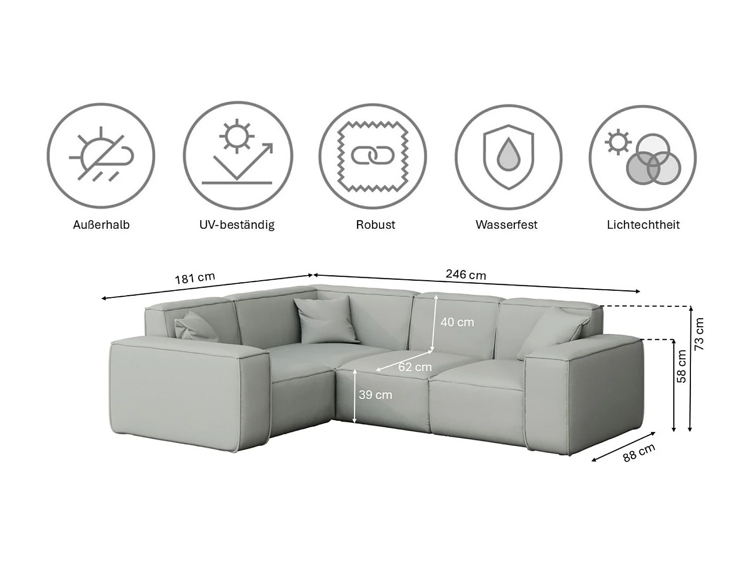 Salon de jardin canapé d'angle MALIBU, tissu ODYSSEY, gris clair, gauche