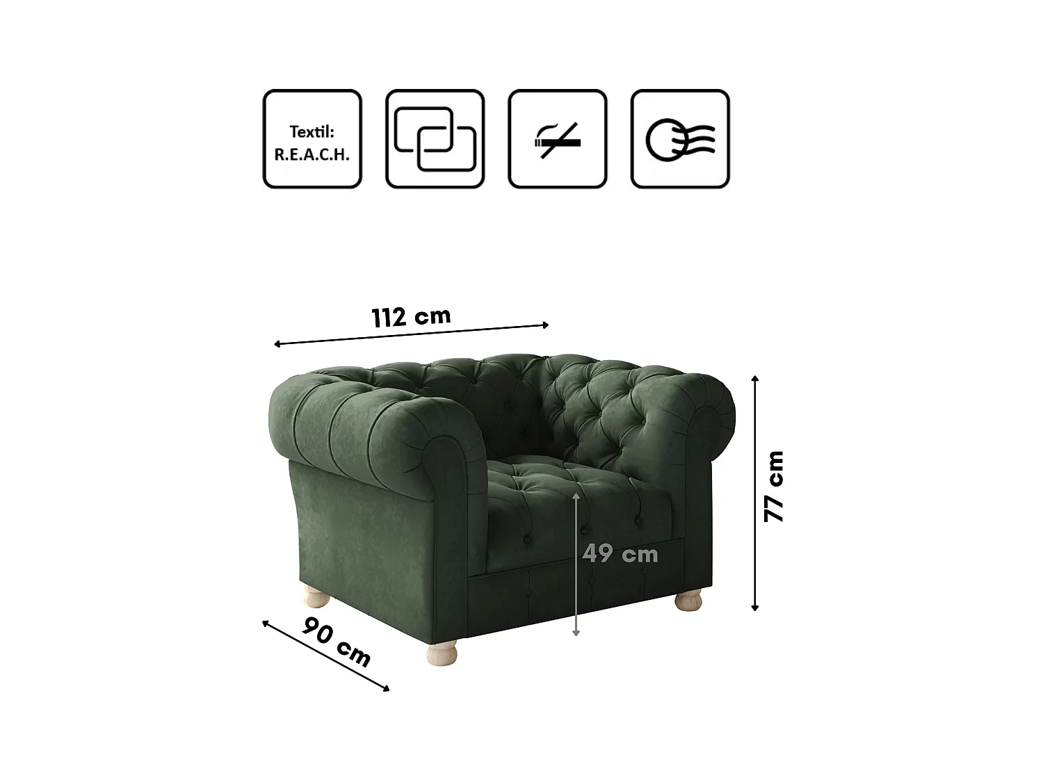 CHESTERFIELD fauteuil, Whisper stof, groen