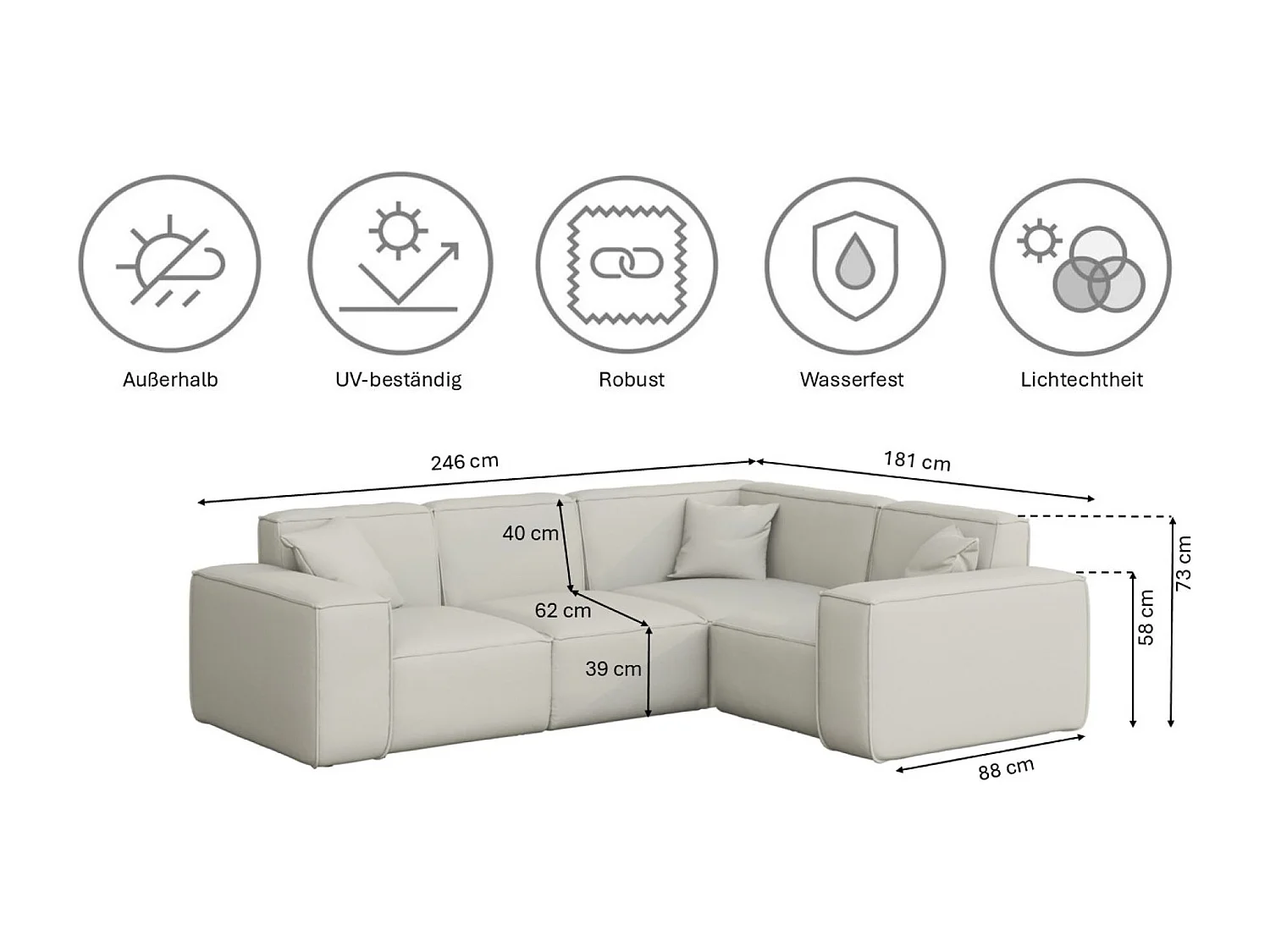 Salon de jardin canapé d'angle MALIBU, tissu ODYSSEY, crème, droit