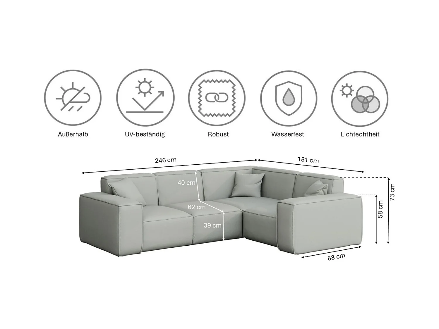 Tuinmeubel hoekbank MALIBU, stof ODYSSEY, lichtgrijs, rechts