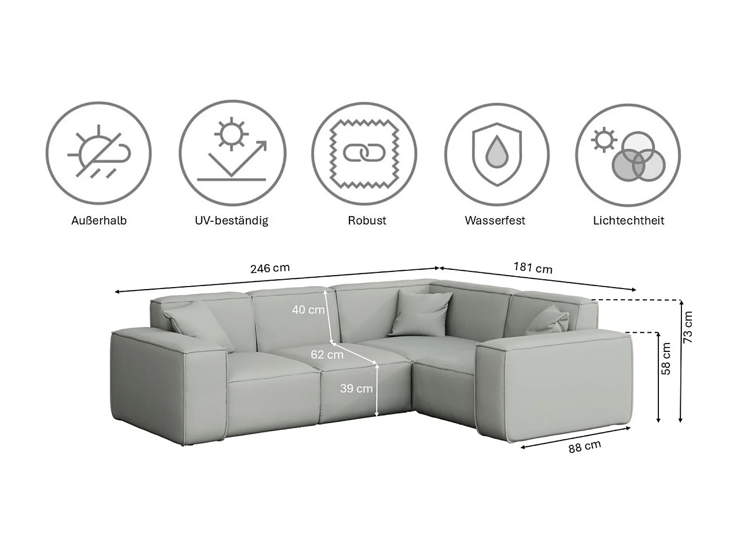 Salon de jardin canapé d'angle MALIBU, tissu ODYSSEY, gris clair, droit