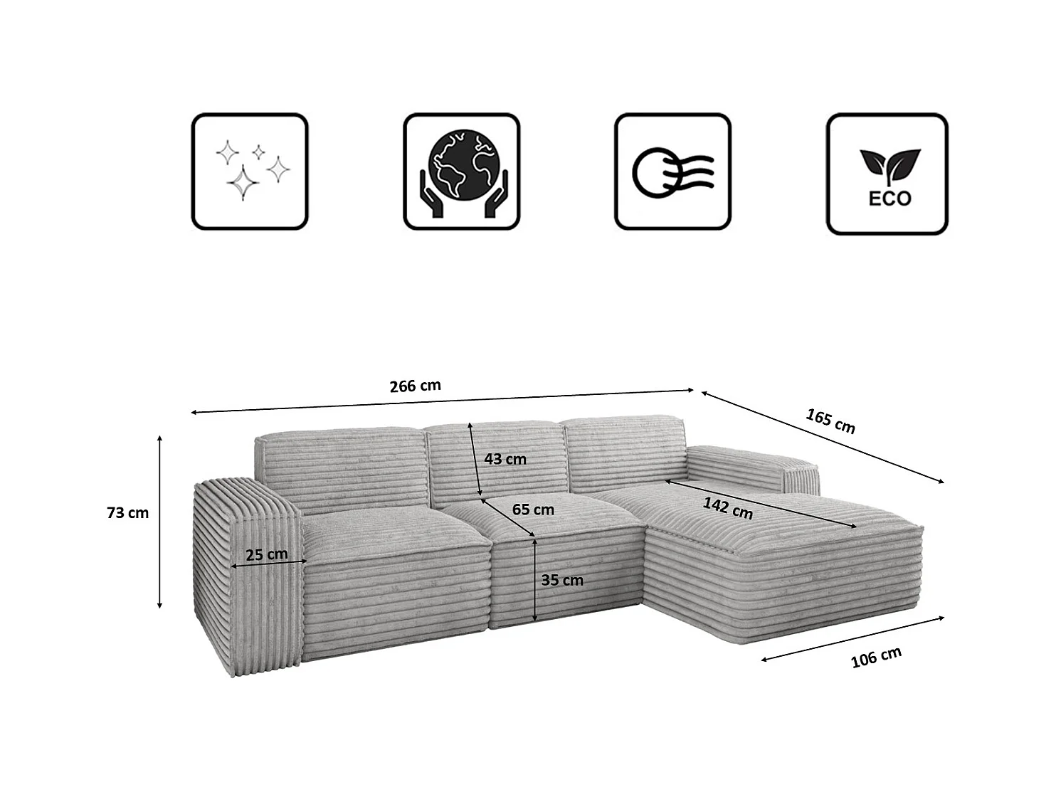 Ecksofa L-Form Siena Stoff Velo Hellgrau Rechts