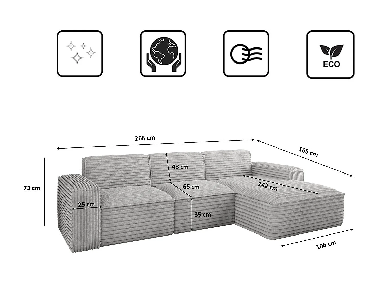 Ecksofa L-Form Siena Stoff Velo Hellgrau Rechts