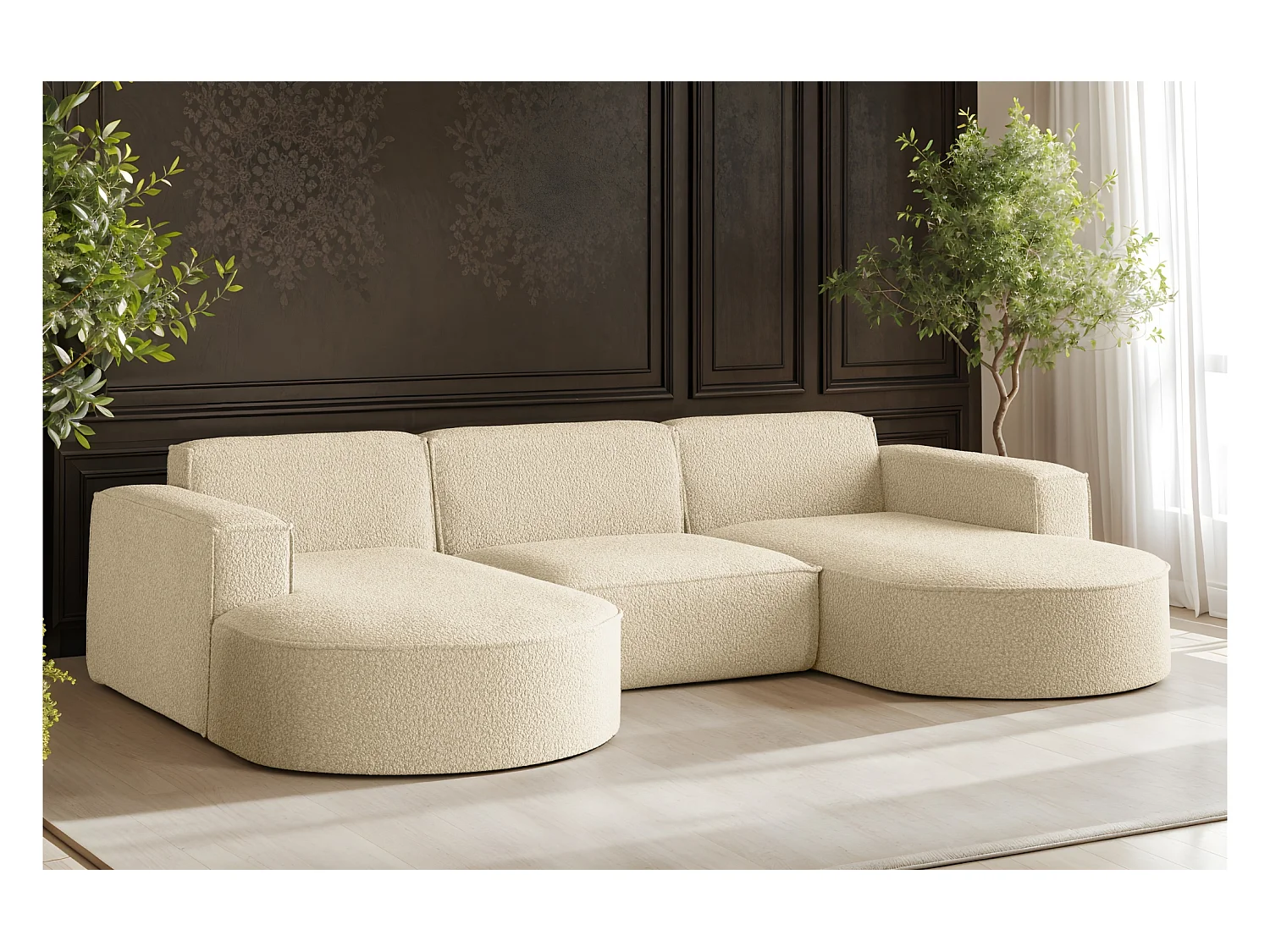 Canapé d'angle Modena en forme de U, tissu Quelle, écru