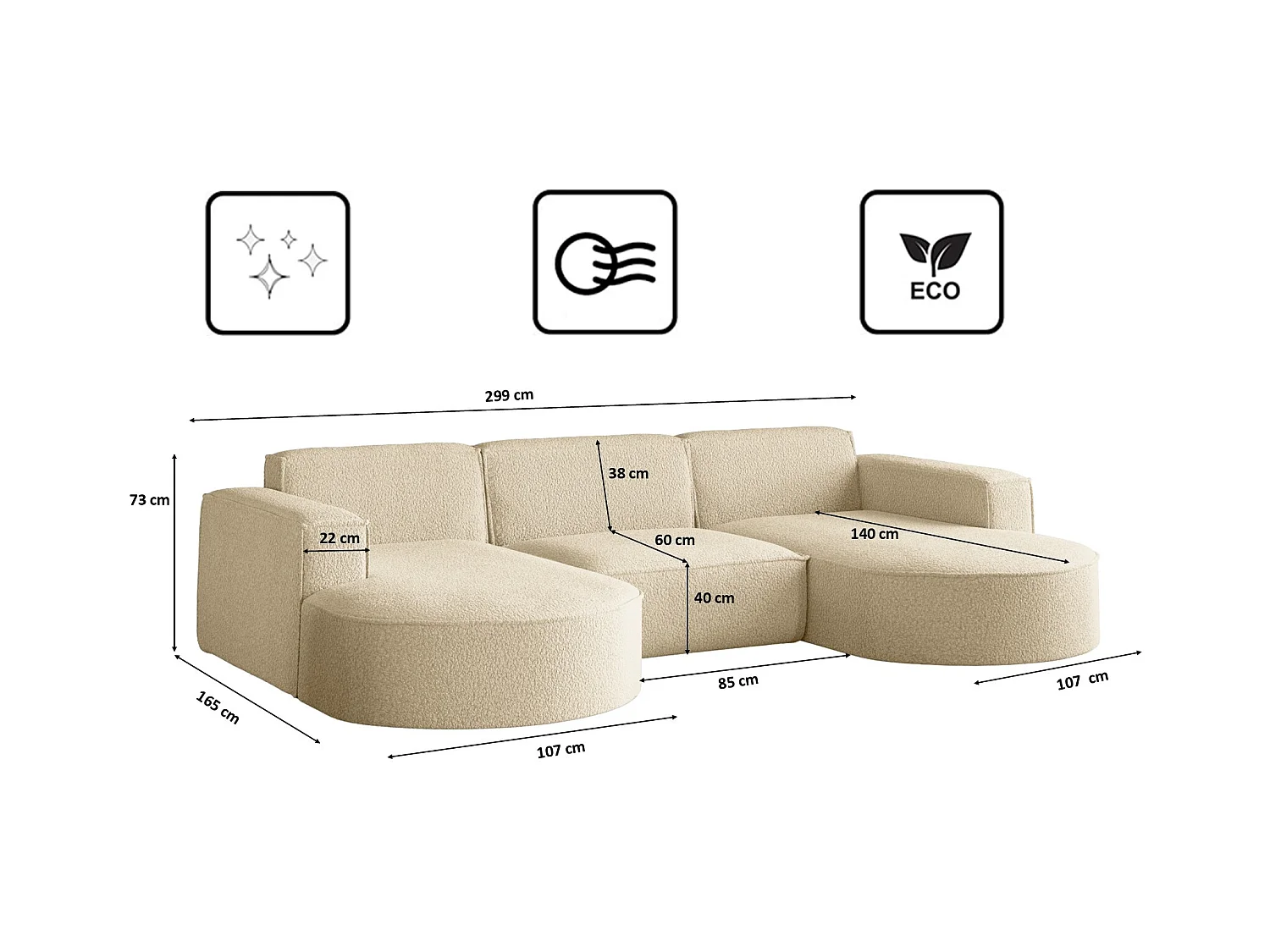 Canapé d'angle Modena en forme de U, tissu Quelle, écru