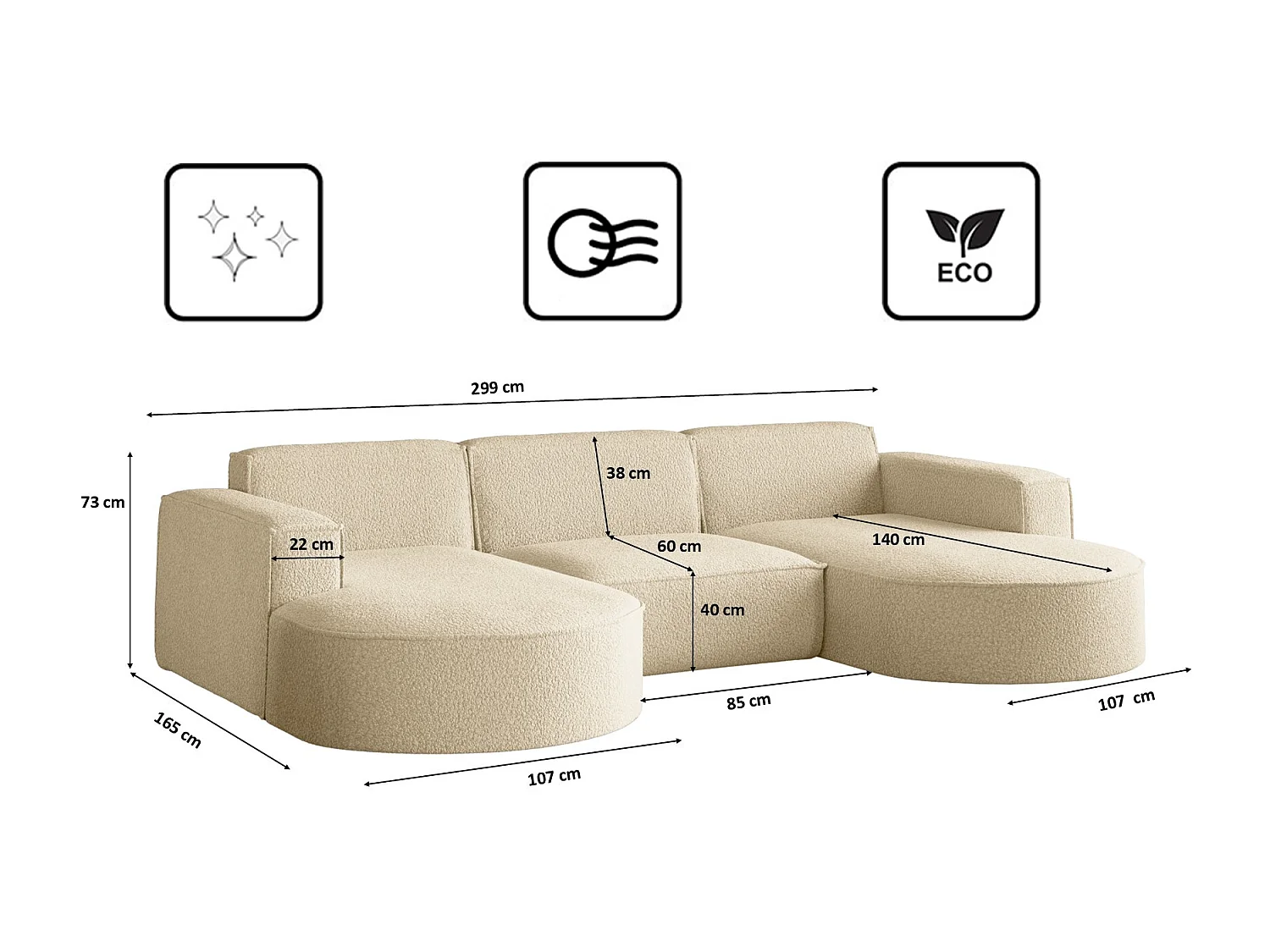 Canapé d'angle Modena en forme de U, tissu Quelle, écru