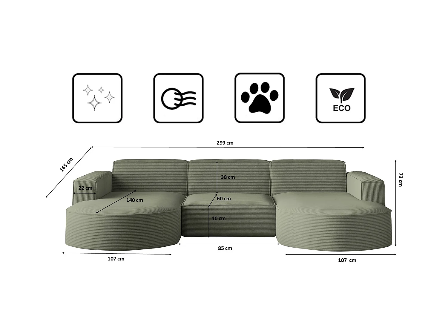 Canapé d'angle Modena en U, tissu Poso, vert clair