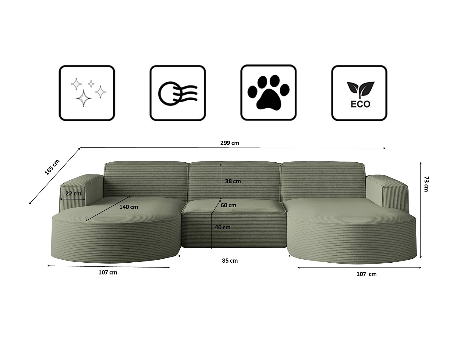 Canapé d'angle Modena en U, tissu Poso, vert clair