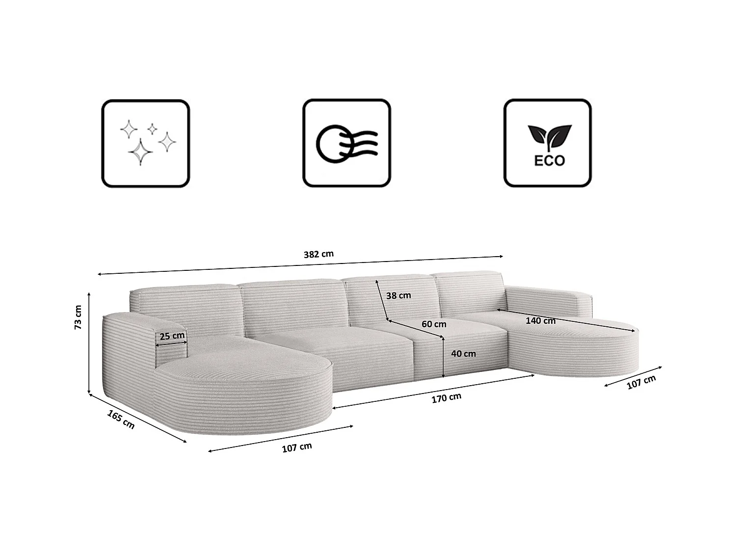 Canapé d'angle, Modena U XL, tissu Poso, écru