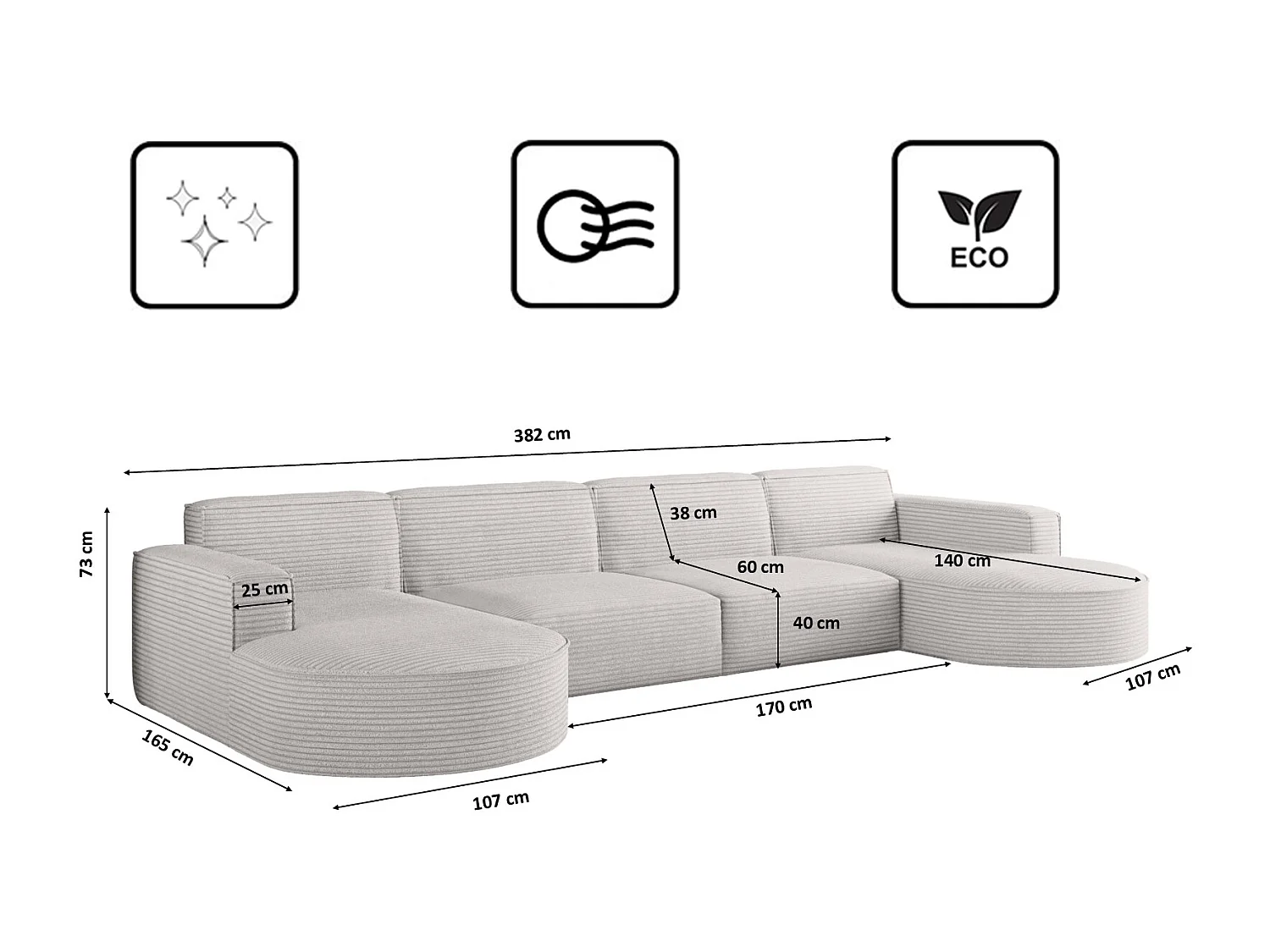 Canapé d'angle, Modena U XL, tissu Poso, écru