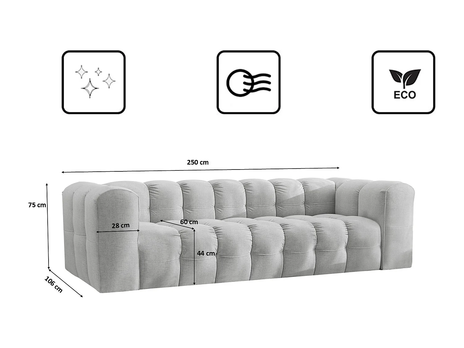 Sofa 4-Sitzer, Komfort Couch BALOO, stoff Schenille, Hellgrau
