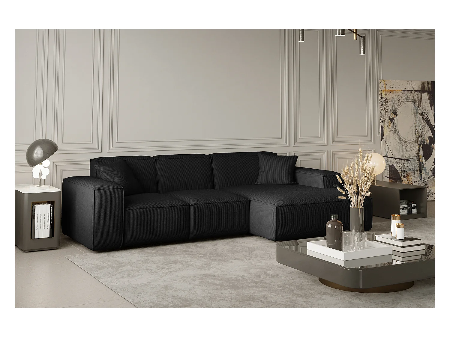 Canapé d'angle en L PULA, tissu Scala, noir, droit