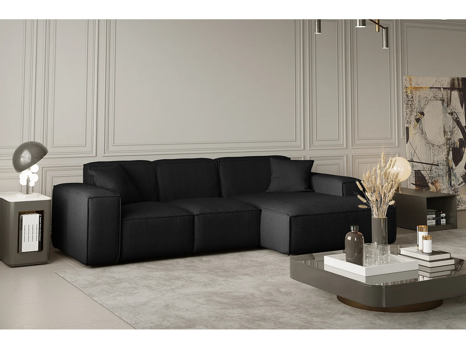 Canapé d'angle en L PULA, tissu Scala, noir, droit