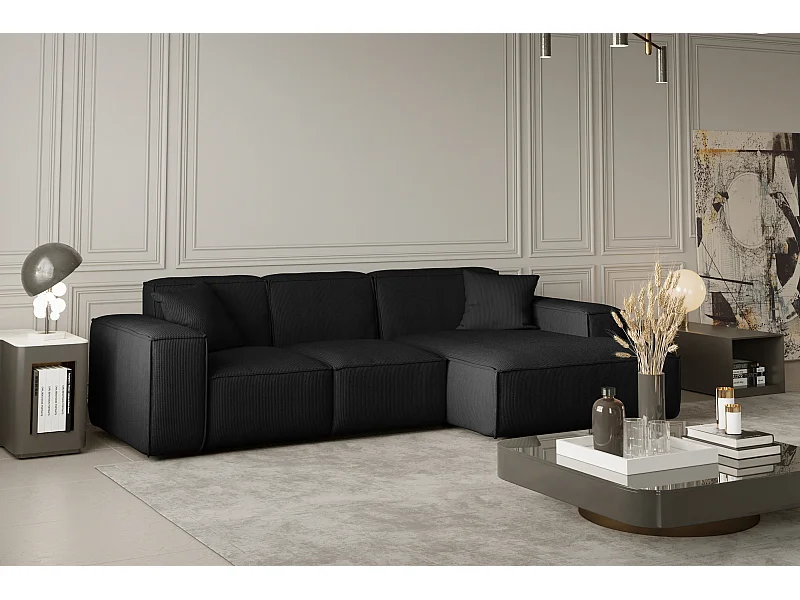 Canapé d'angle en L PULA, tissu Scala, noir, droit