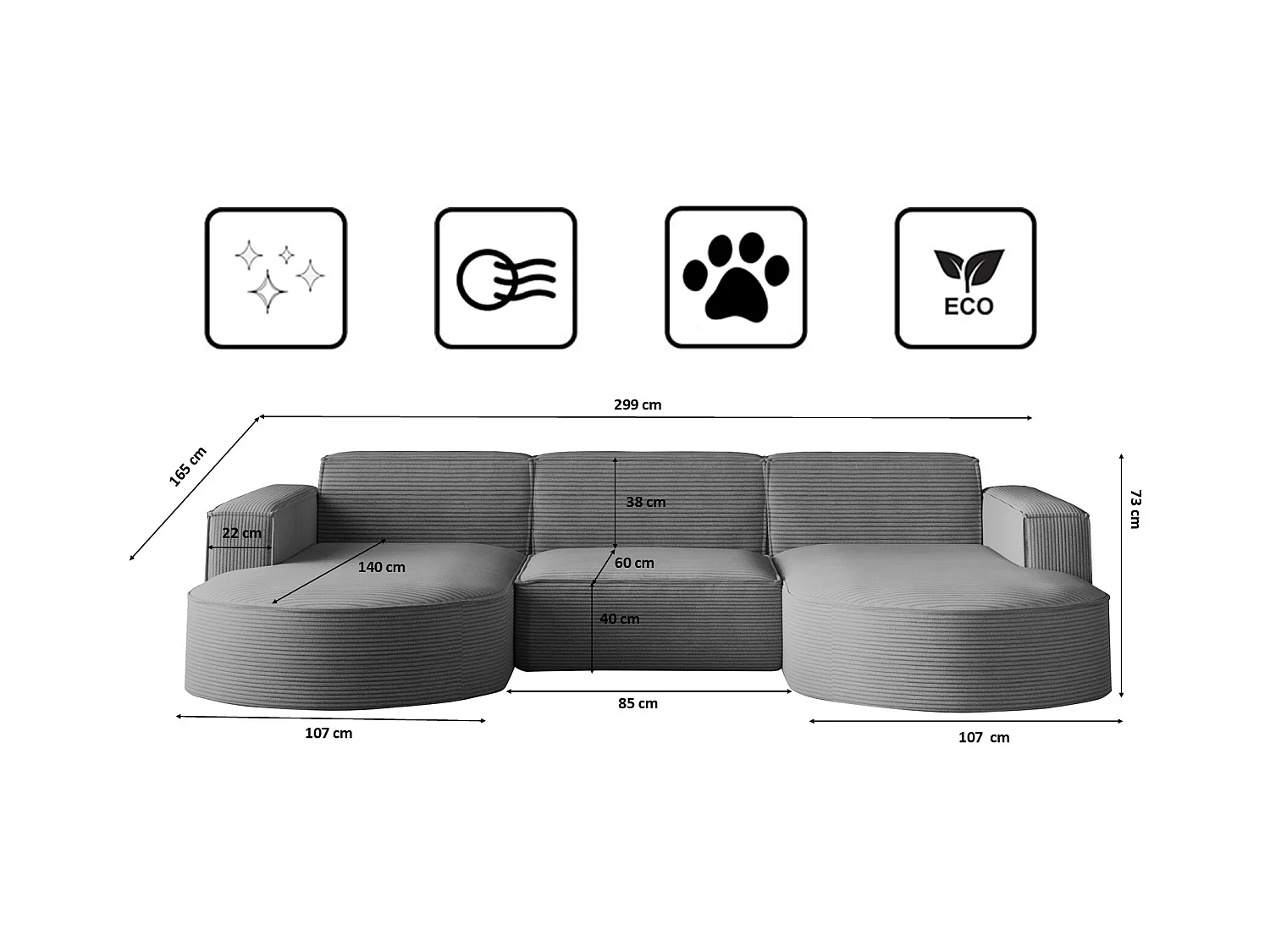 Canapé d'angle Modena en U, tissu Poso, argent