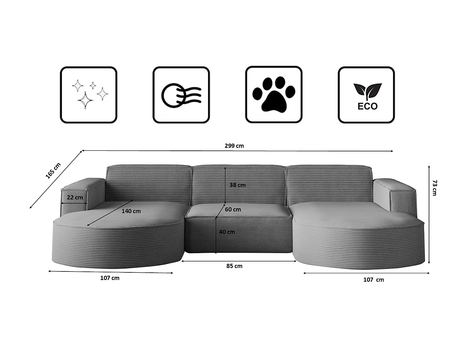 Canapé d'angle Modena en U, tissu Poso, argent