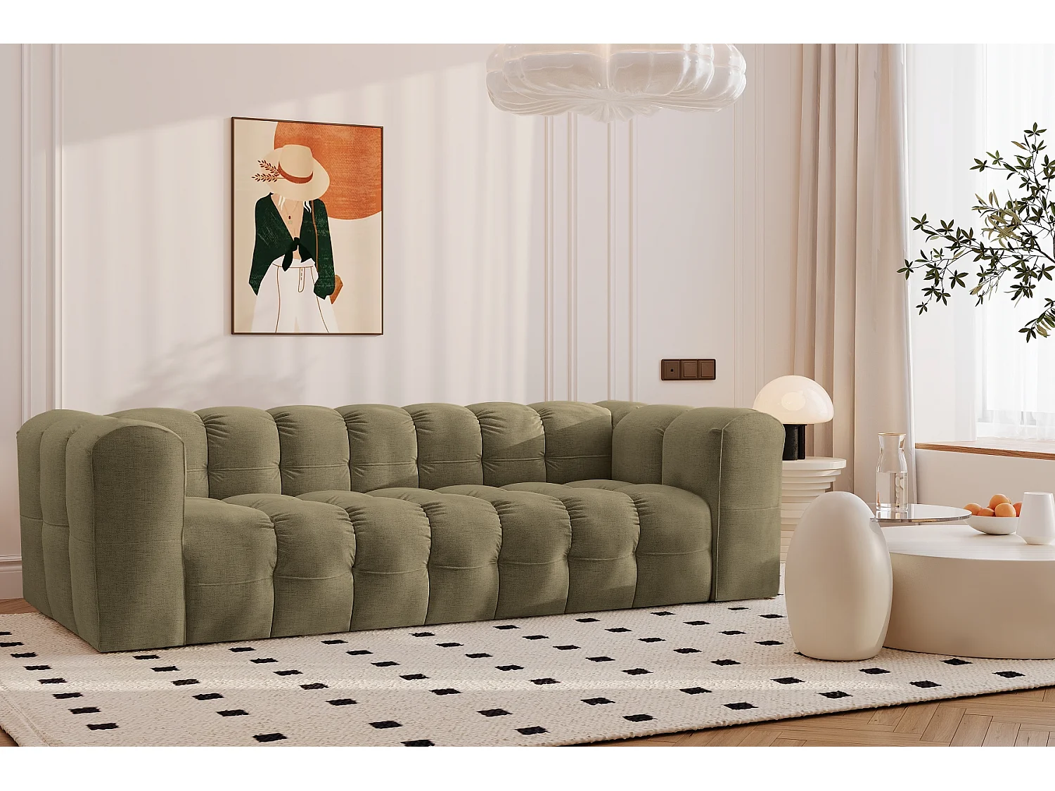 Sofa 4-Sitzer, Komfort Couch BALOO, stoff Schenille, Olive