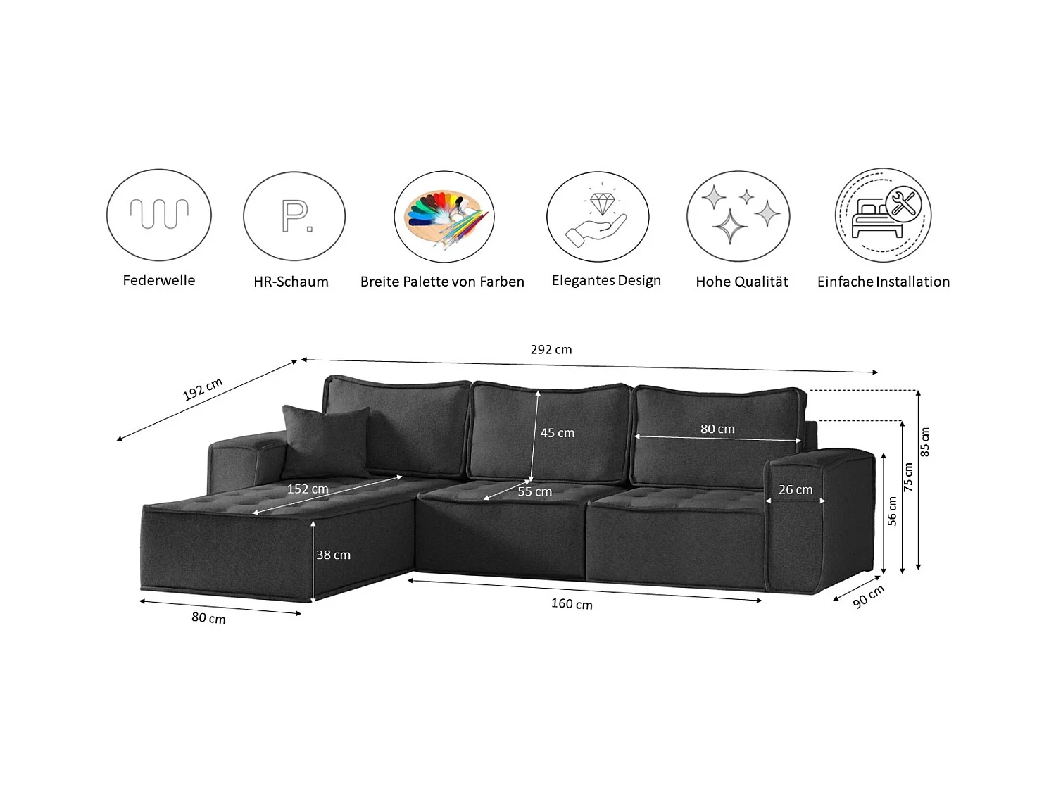 Canapé d'angle Bohoo Maxi L-from, tissu Raven, graphite, gauche