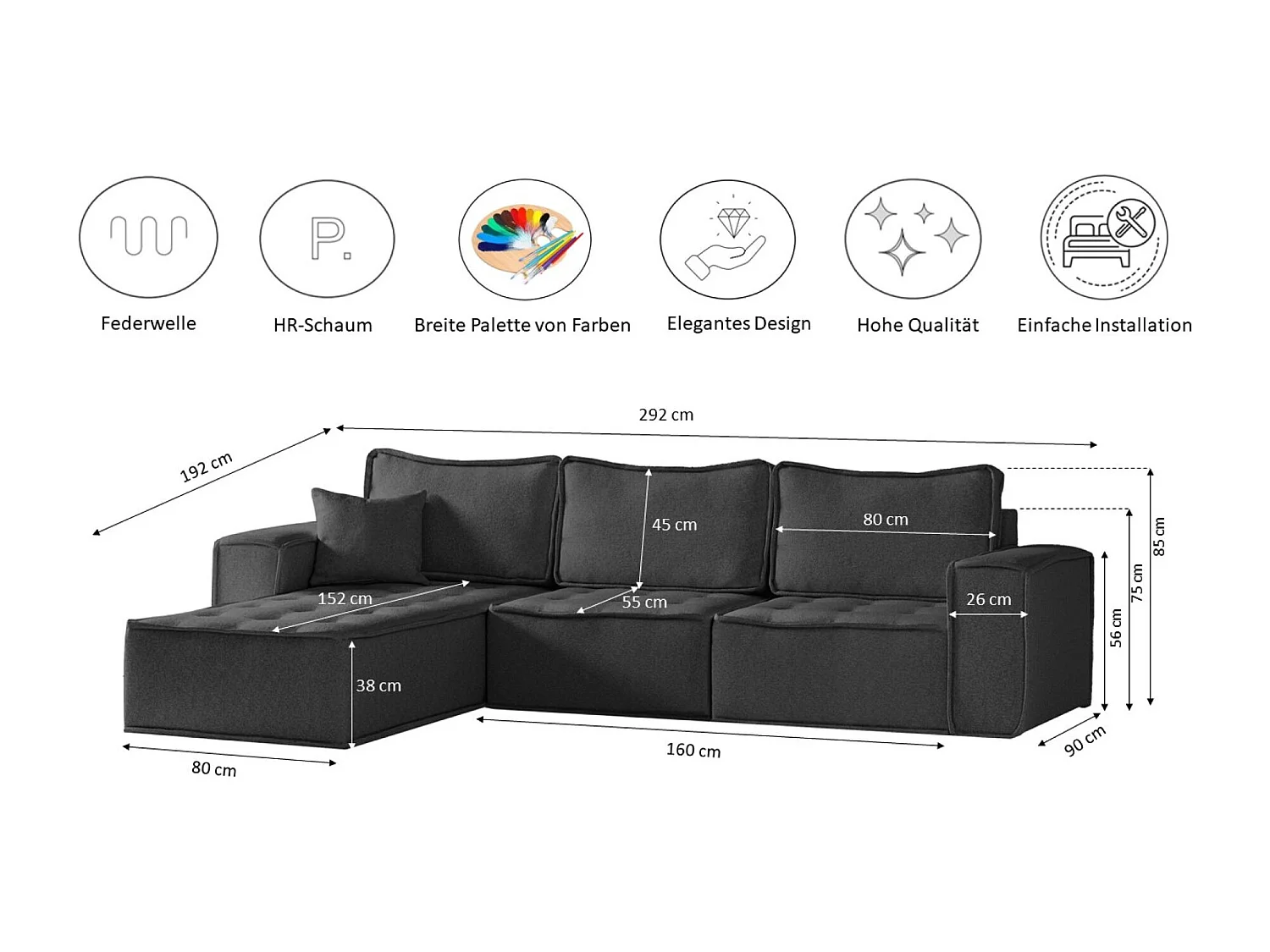 Canapé d'angle Bohoo Maxi L-from, tissu Raven, graphite, gauche