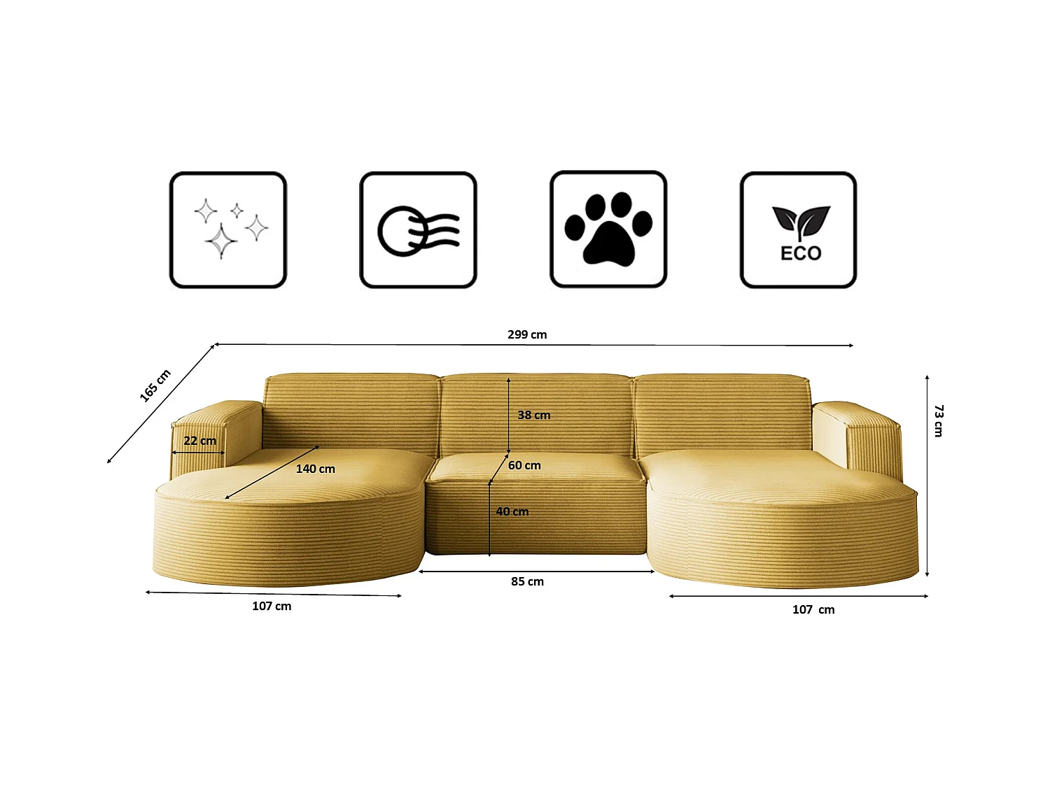 Canapé d'angle Modena en U, tissu Poso, jaune