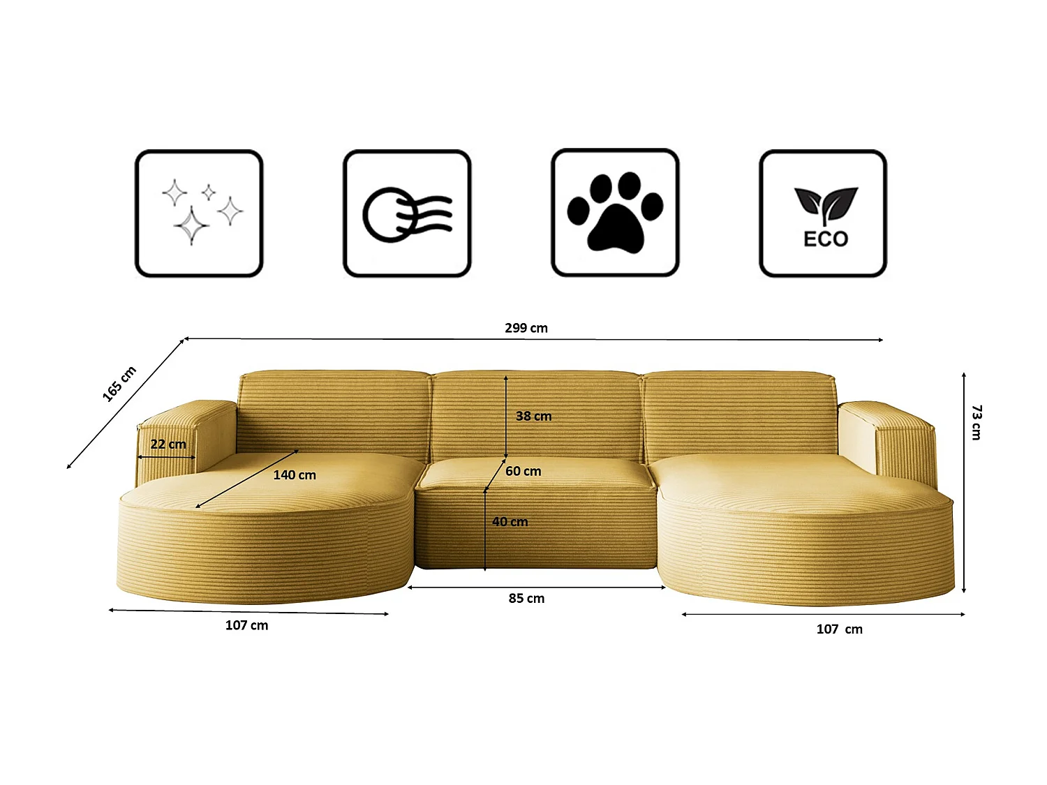 Canapé d'angle Modena en U, tissu Poso, jaune