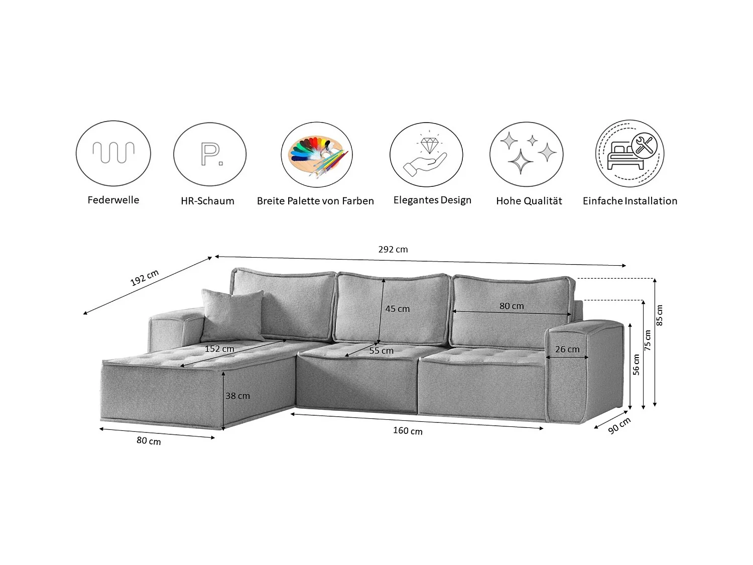 Canapé d'angle Bohoo Maxi L-from, tissu Raven, gris, droit