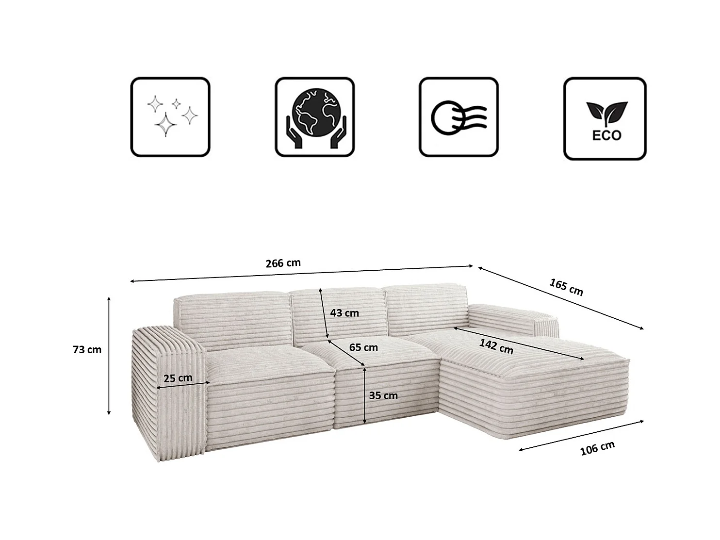 Ecksofa L-Form Siena Stoff Velo Ecru Rechts