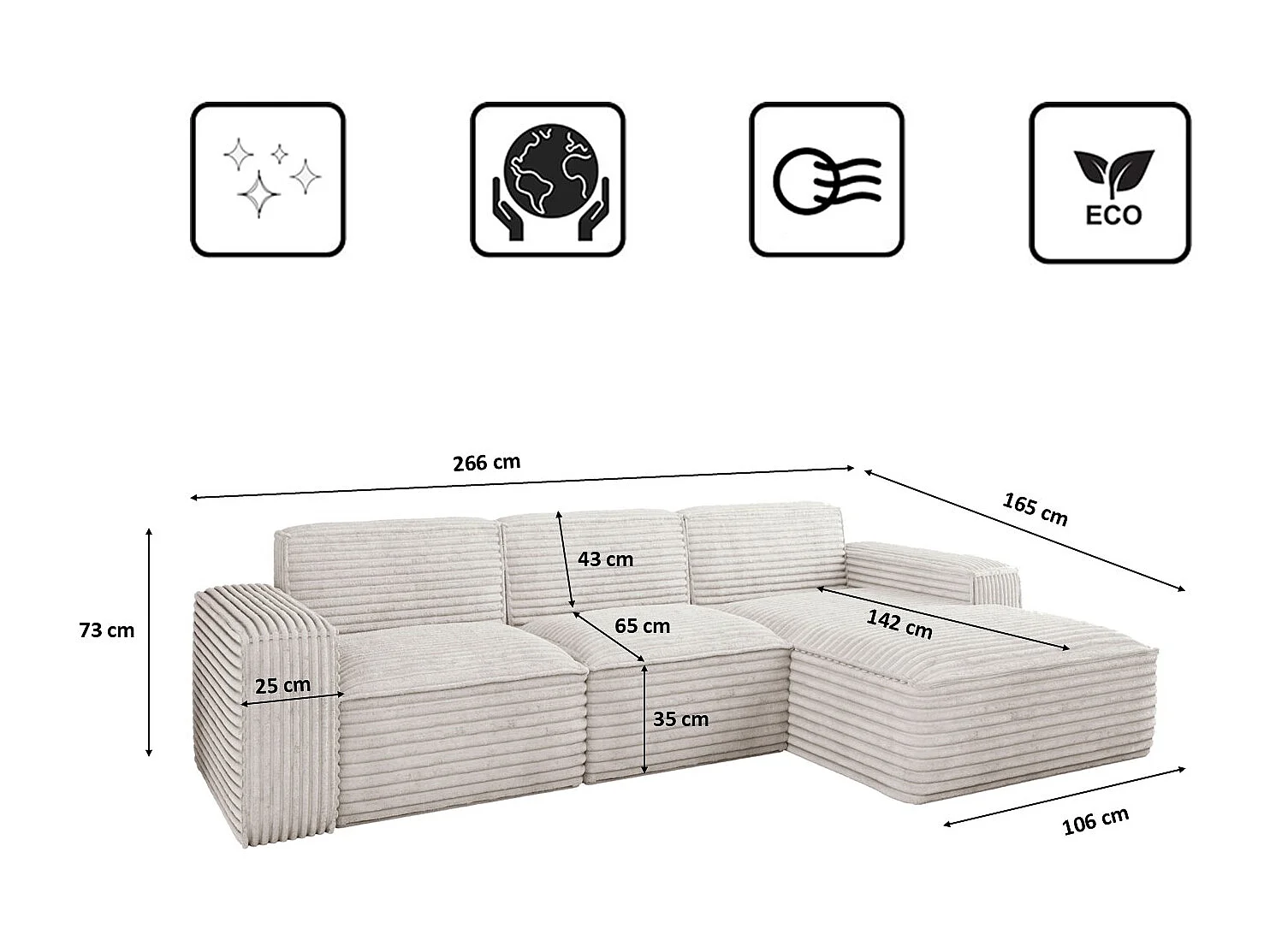 Ecksofa L-Form Siena Stoff Velo Ecru Rechts