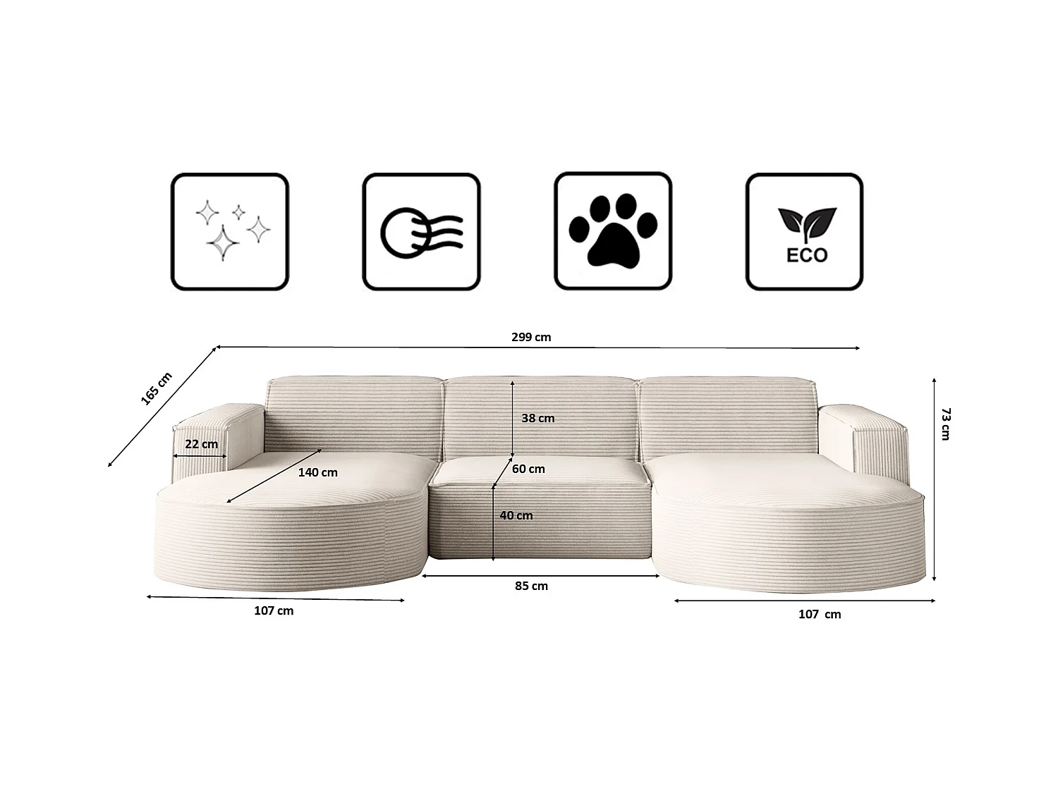 Canapé d'angle Modena en U, tissu Poso, beige