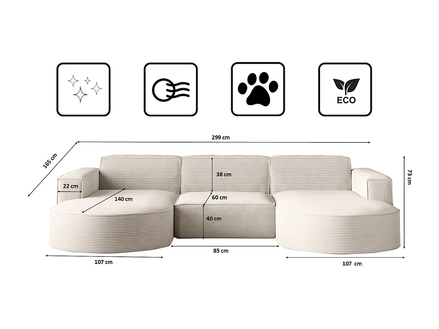 Canapé d'angle Modena en U, tissu Poso, beige