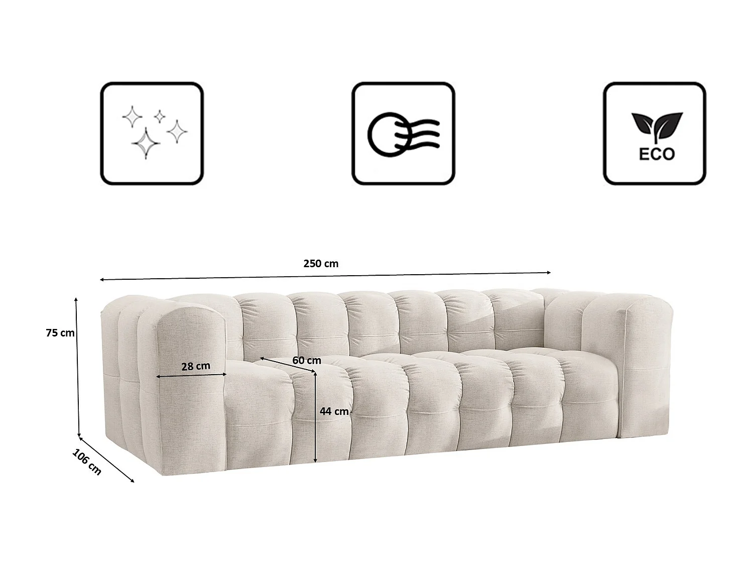 Sofa 4-Sitzer, Komfort Couch BALOO, stoff Schenille, Ecru