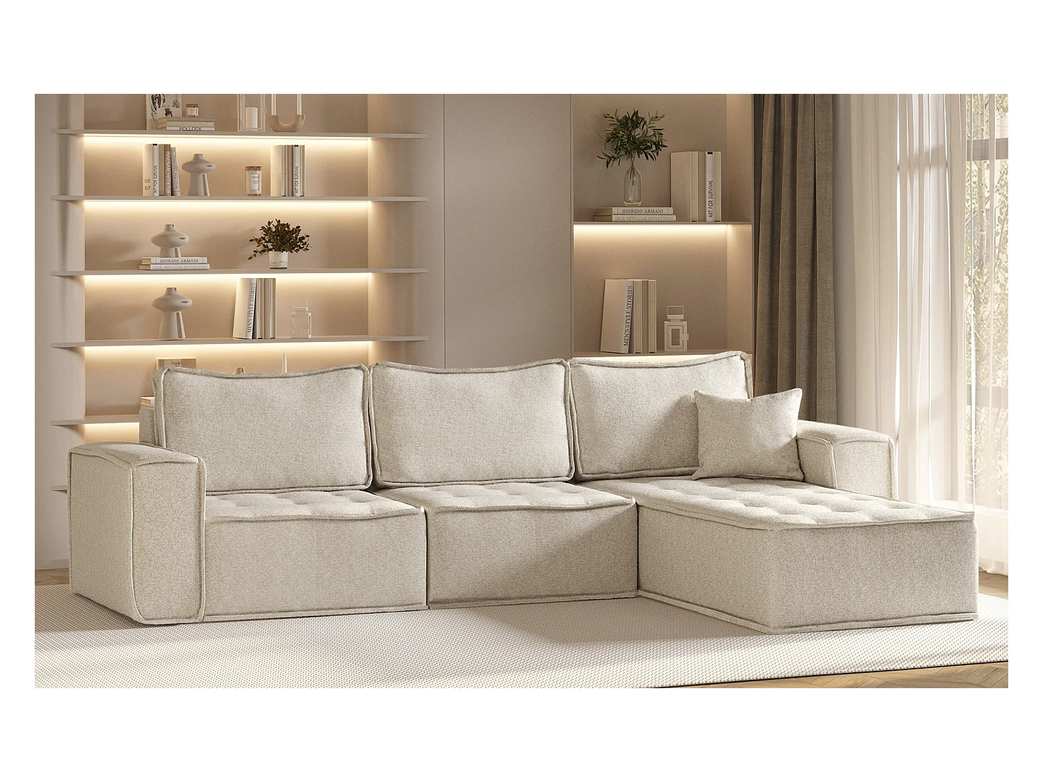 Canapé d'angle Bohoo Maxi L-from, tissu Raven, Champagne, droit