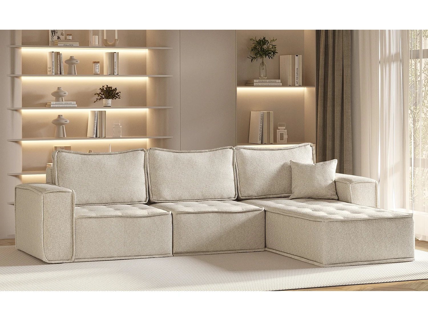 Canapé d'angle Bohoo Maxi L-from, tissu Raven, Champagne, droit