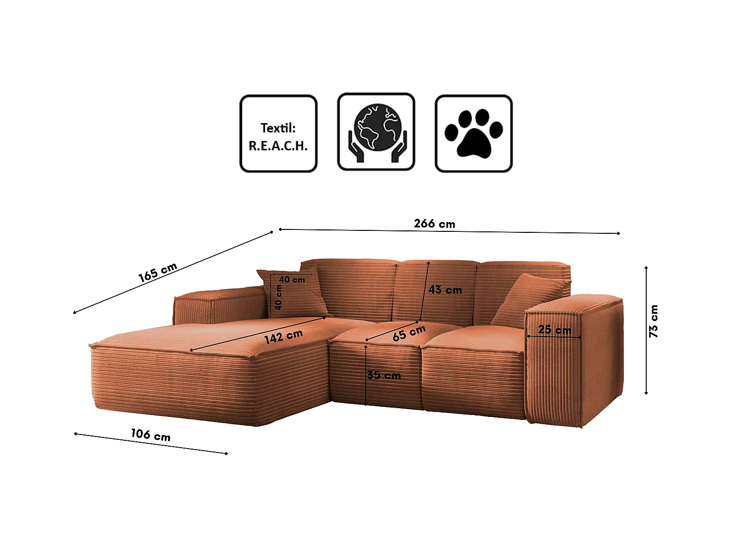 Canapé d'angle, canapé d'angle en L, salon, canapé SIENA en tissu Poso, cuivre, gauche