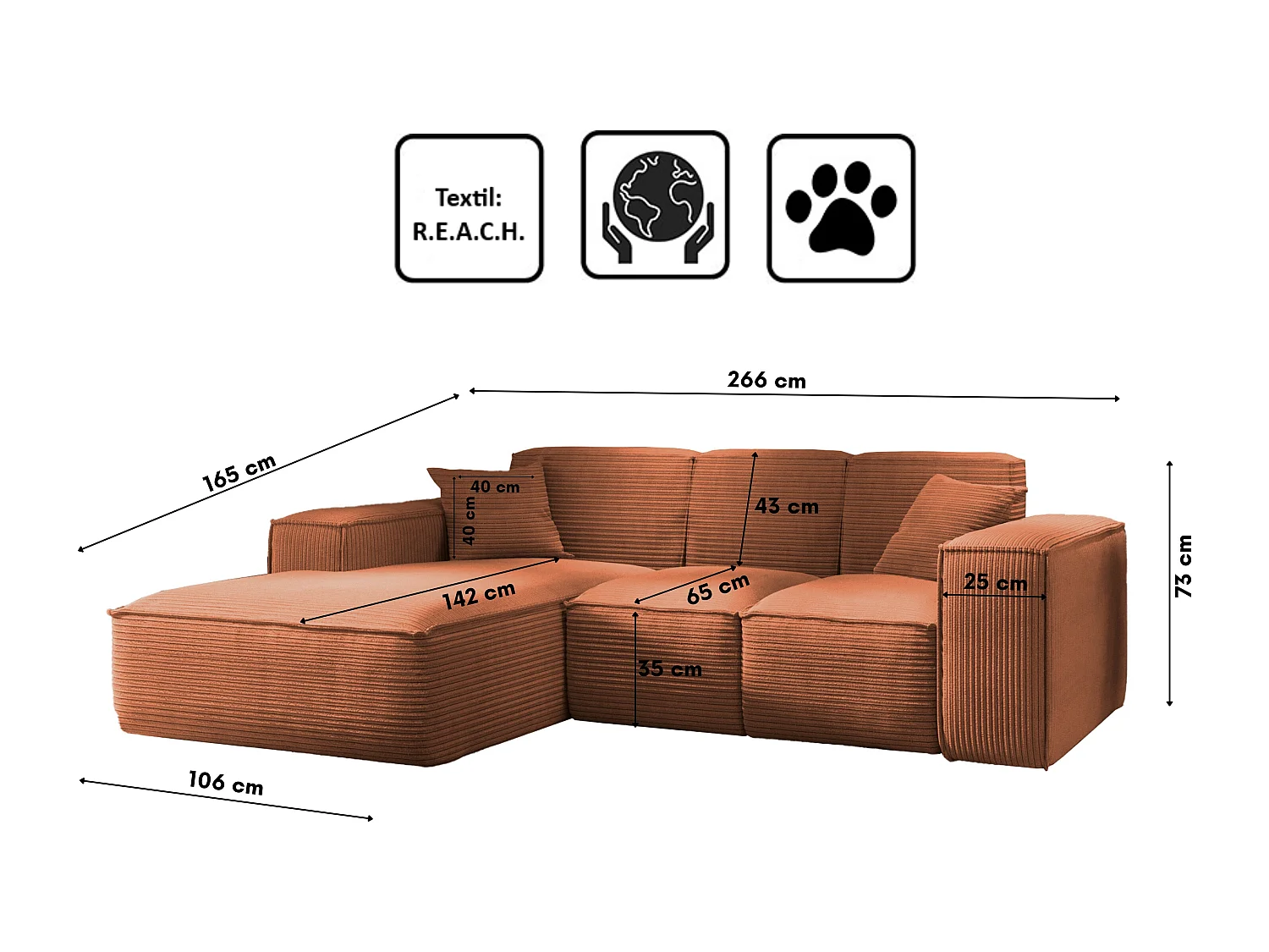 Canapé d'angle, canapé d'angle en L, salon, canapé SIENA en tissu Poso, cuivre, gauche
