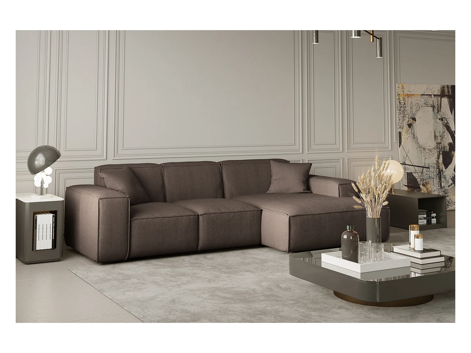 Canapé d'angle PULA en L, tissu Scala, marron, droit