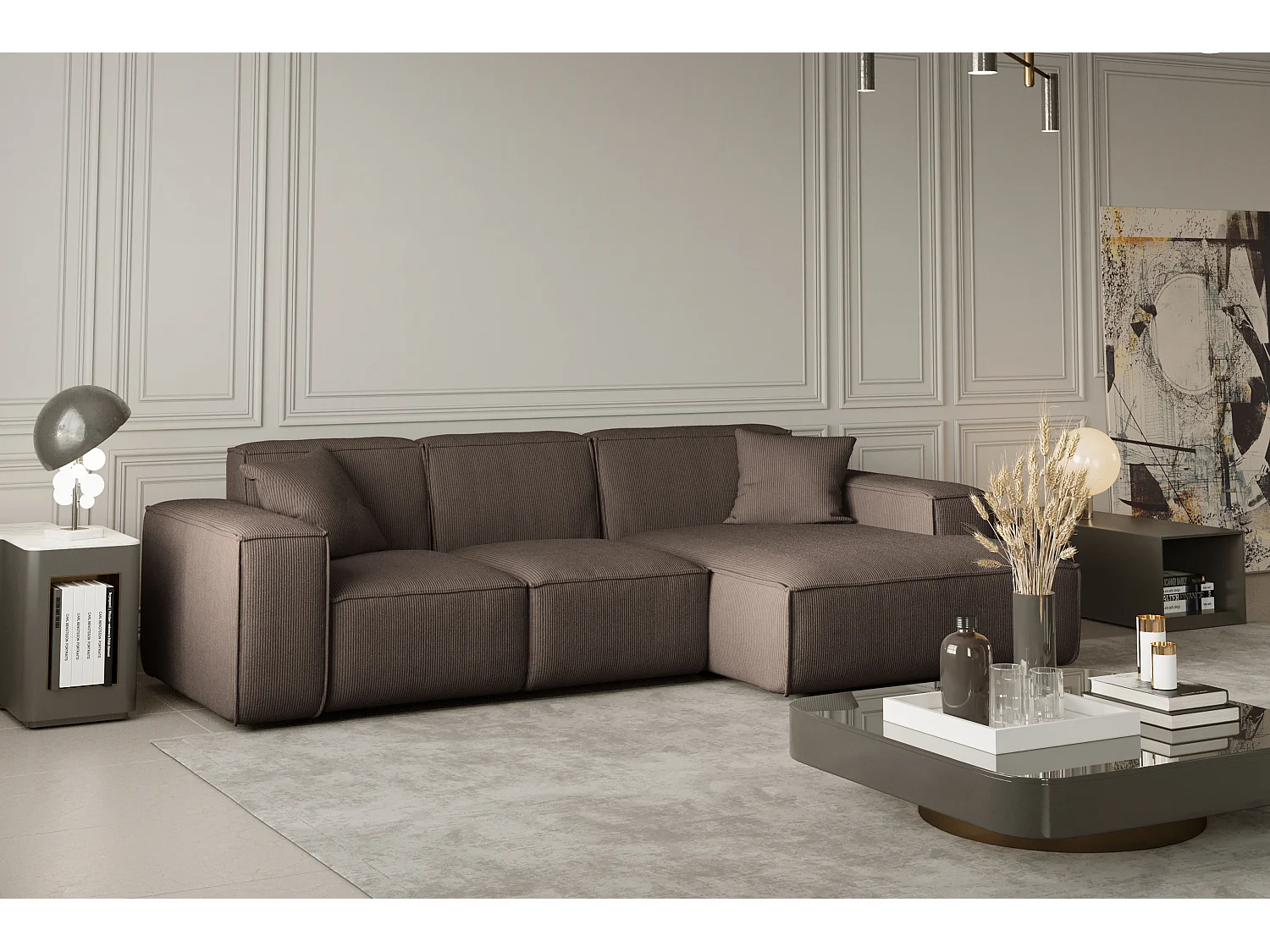 Canapé d'angle PULA en L, tissu Scala, marron, droit