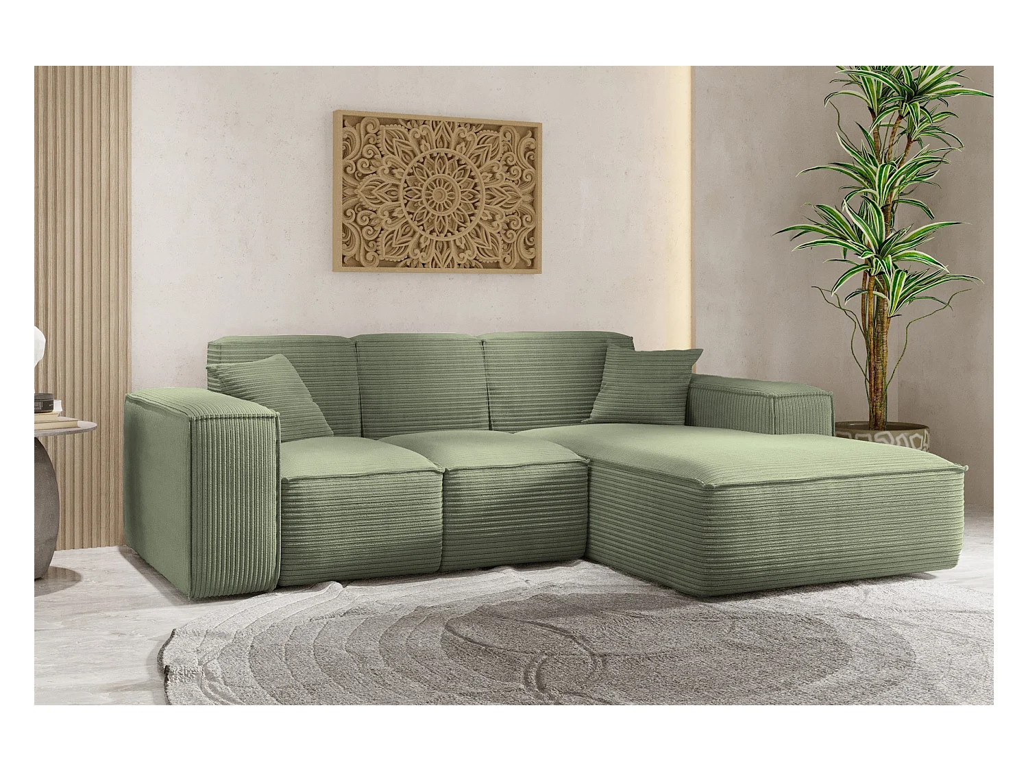 Canapé d'angle, canapé d'angle en L, salon, canapé Poso en tissu SIENA, vert clair, droite
